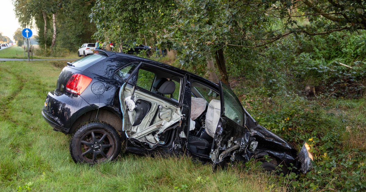 Auto spint en eindigt zwaar beschadigd in greppel na botsing op N348 bij Ommen