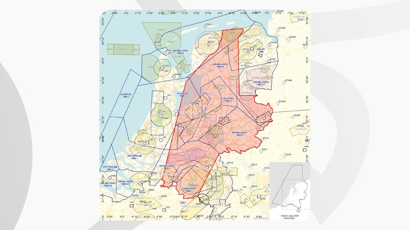 Laagvlieggebieden Falcon Leap 2025. Het rode vlak geeft aan waar laag gevlogen wordt.