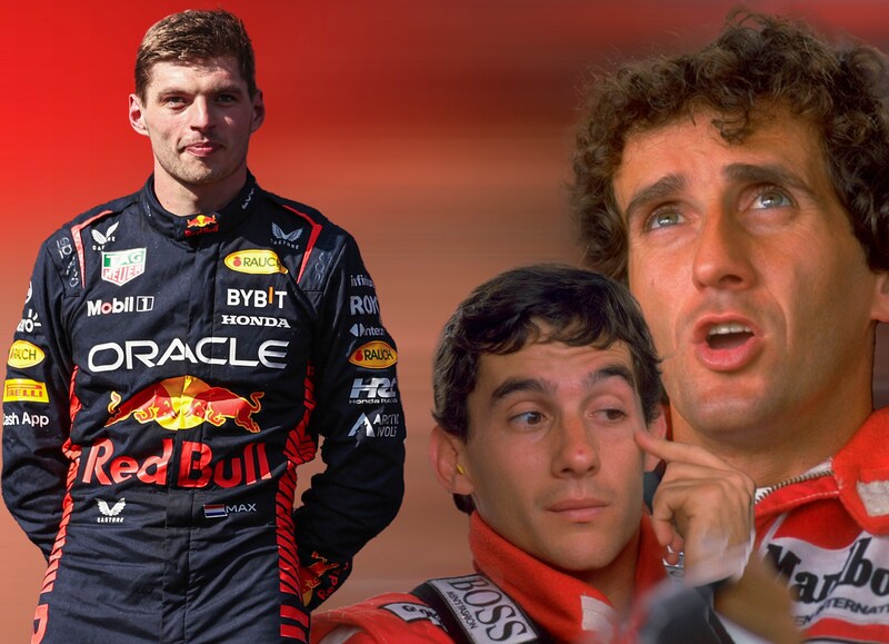 Max Verstappen. Rechts het befaamde McLaren-duo uit 1988, Ayrton Senna en Alain Prost.