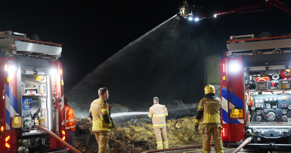 Brand in grote mestbult in schuur in Wijhe, brandweer haalt vuur met shovel naar buiten