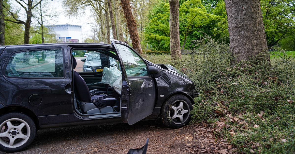 Auto botst tegen boom op de Coehoornsingel in Zutphen