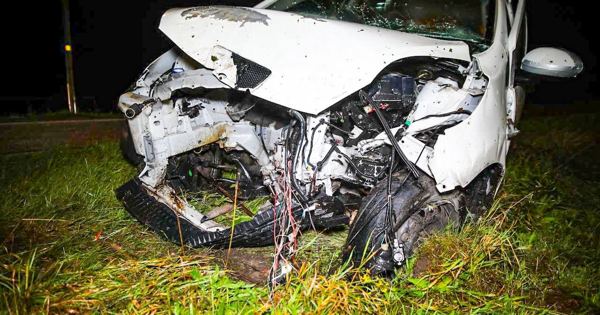 Ongeluk ‘t Harde: klap zo hard dat motorblok uit auto vliegt.