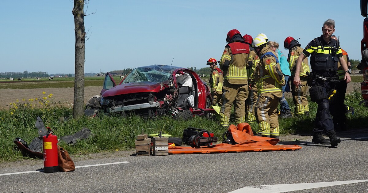 Auto raakt van de weg en botst tegen boom bij Biddinghuizen: bestuurder naar het ziekenhuis