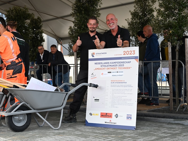 Ezra van de Zedde (links) en Ronald Kragt uit Wezep zijn Nederlands kampioen straatmaken.