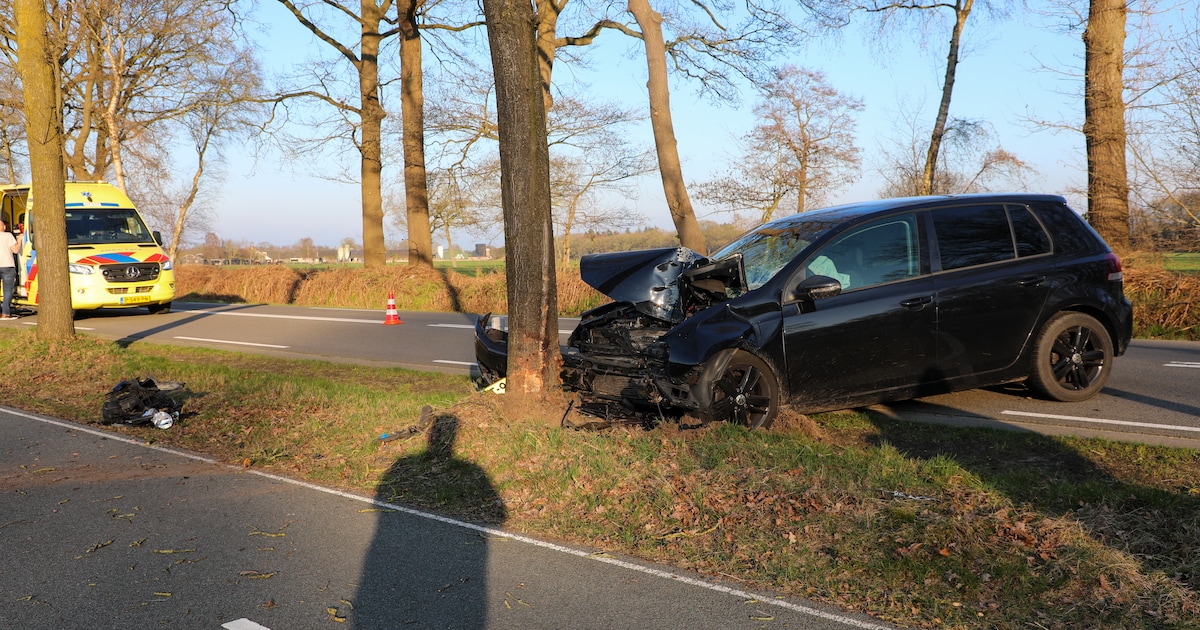Auto botst frontaal tegen boom langs de Scherpenzeelseweg bij Barneveld