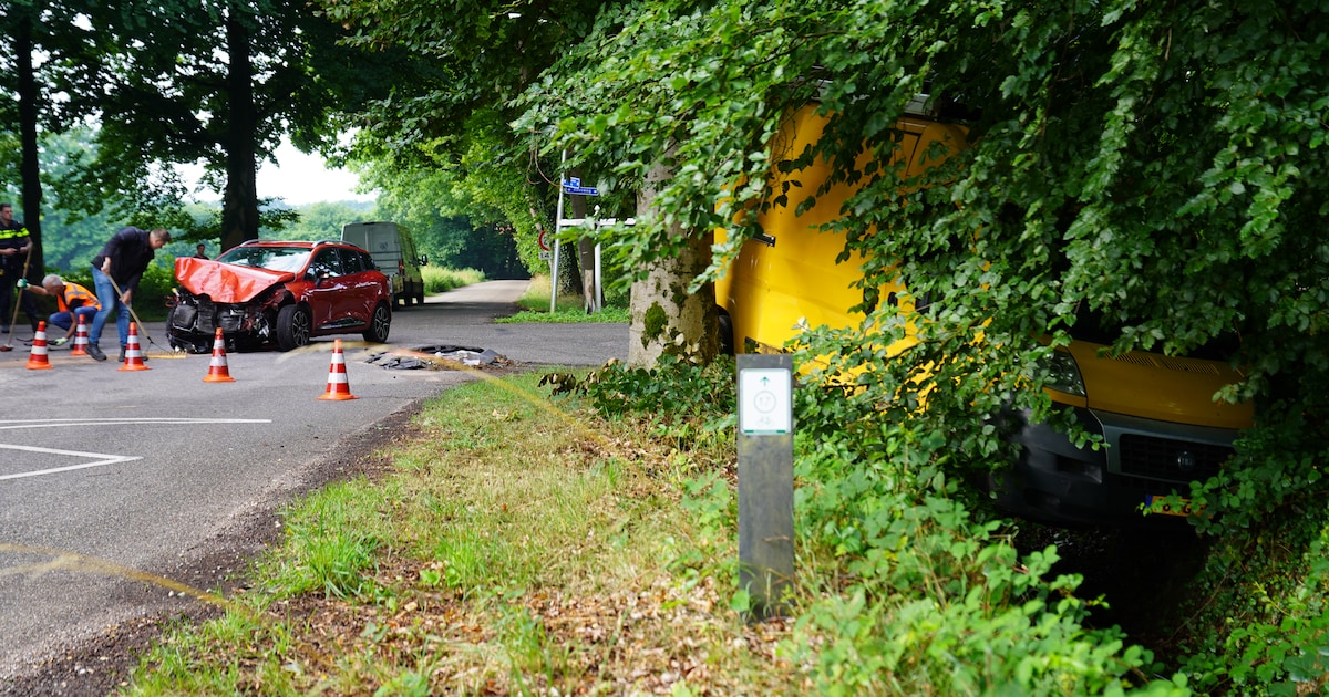 Bus eindigt tussen de bomen bij aanrijding met auto in Laren.