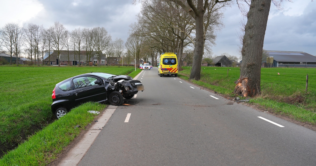 Auto in greppel na botsing met boom op de Heerenweg in IJhorst