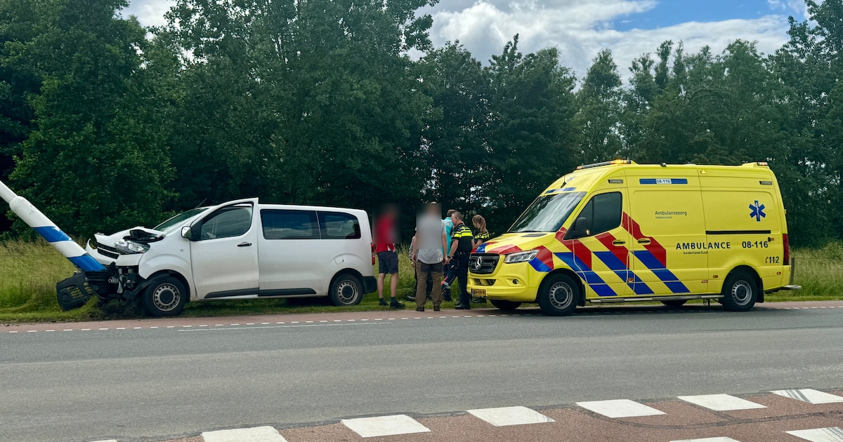 Bestelbus klapt op lantaarnpaal op kruising in Deest