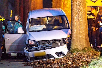 Bestelbus belandt tegen boom na botsing op de Ericasestraat in Emmen