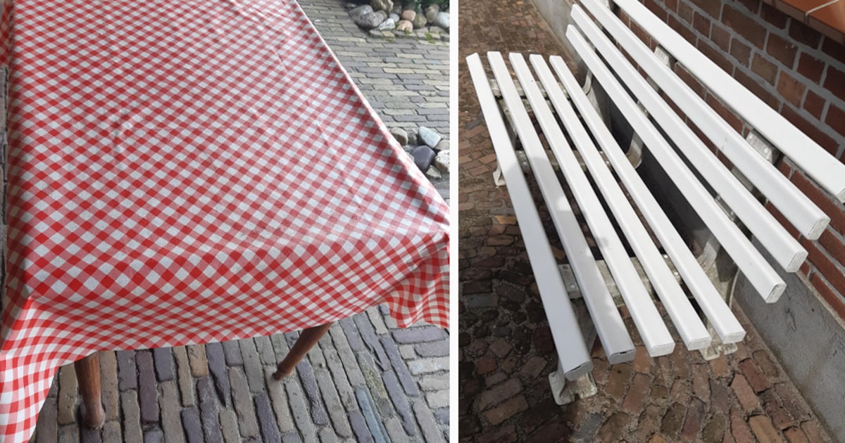 Op deze plek kun je terecht voor twee tafels en een bankje en wie helpt een lezer aan een cakeblik?