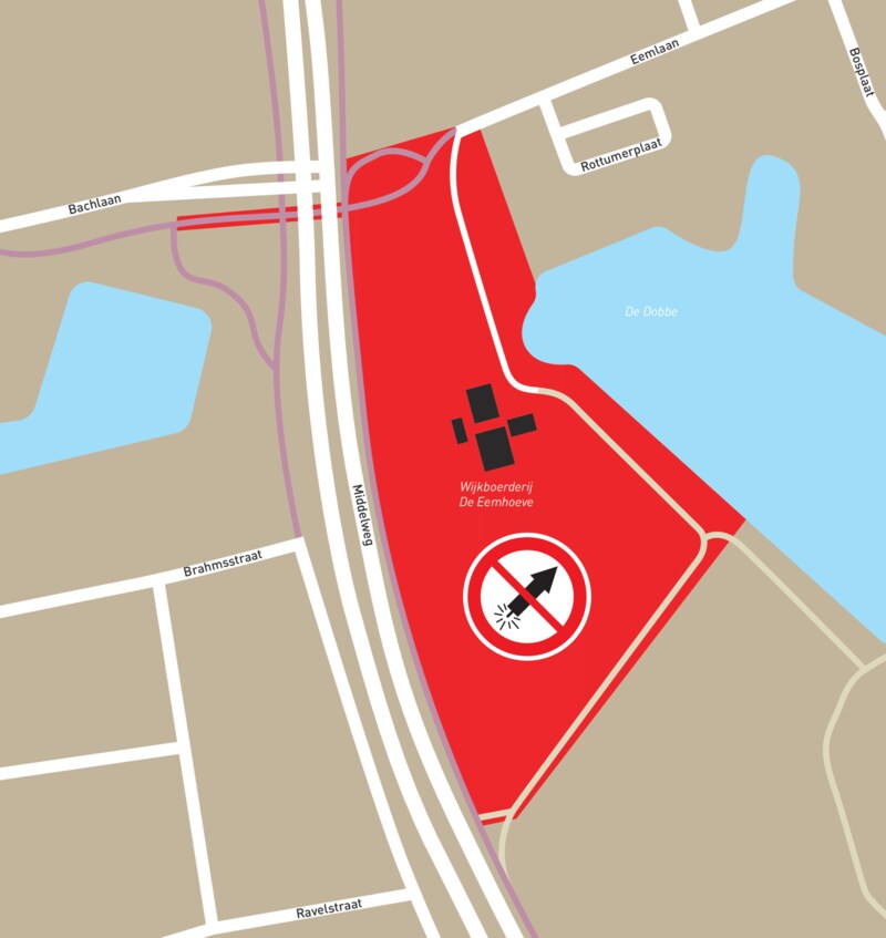 De vuurwerkvrije zone rond wijkboerderij de Eemhoeve. Het verbod geldt in het (groen)gebied tussen de Middelweg, de kruising Eemlaan/Eempad, De Dobbe-vijver en het wandelpad van de Middelweg naar de vijver.