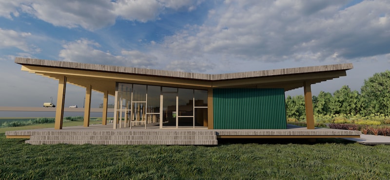 Zijaanzicht van een toekomstige strandtent. Dit is een ‘praatplaat’, geen definitief ontwerp.