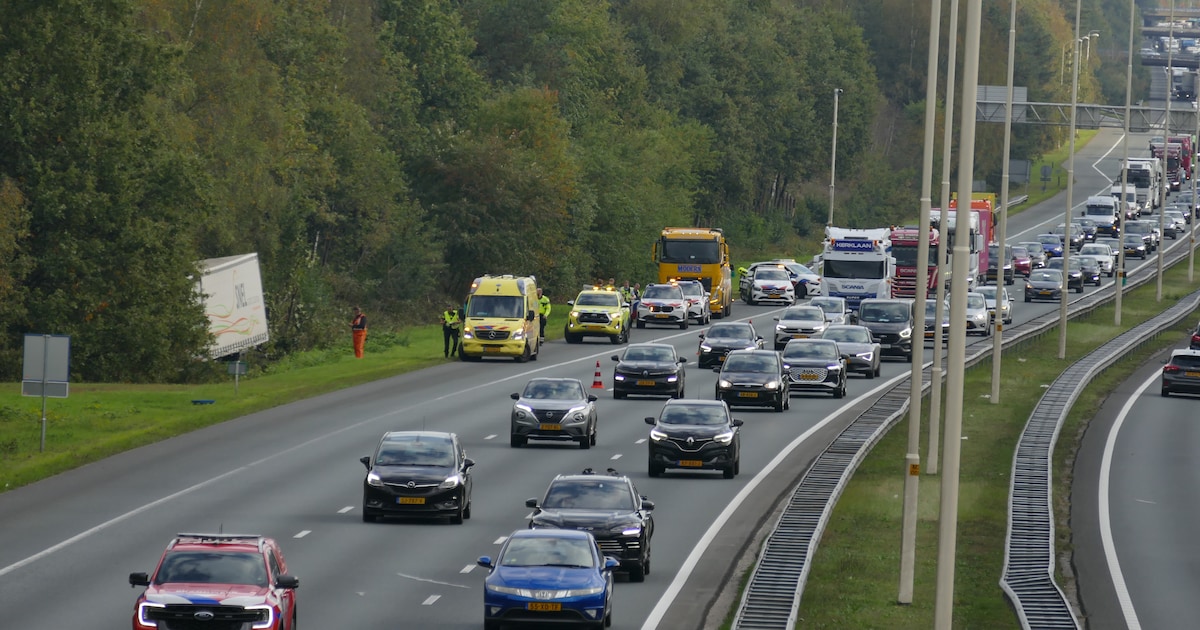 Vrachtwagen belandt in bosschage langs A28 bij Leusden, rijbaan deels dicht