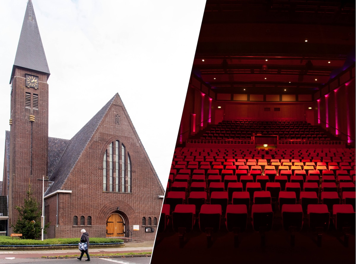 Links: de Plantagekerk. Rechts: de theaterzaal van het Christelijk College Nassau-Veluwe