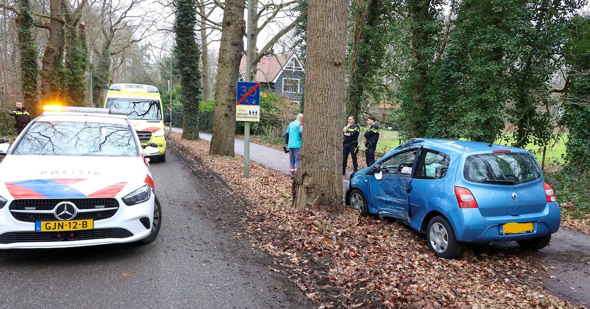 Auto botst met zijkant tegen boom op de Flevolaan in Huizen: bestuurder naar ziekenhuis