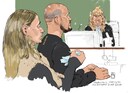 Rechtbanktekening van de verdachten Madelon L. en Harry W. tijdens de inhoudelijke behandeling van de zaak rondom de mishandeling van acteur Bas Muijs.