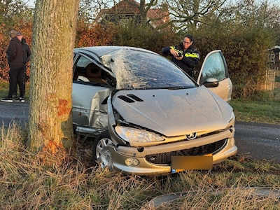 Auto glijdt van gladde weg en botst tegen boom: flinke schade