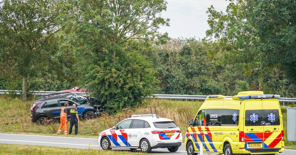 Taxi botst tegen boom op afrit A32 in Meppel