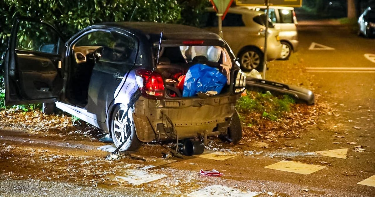 Auto eindigt na aanrijding met beschadigde achterzijde in heg.