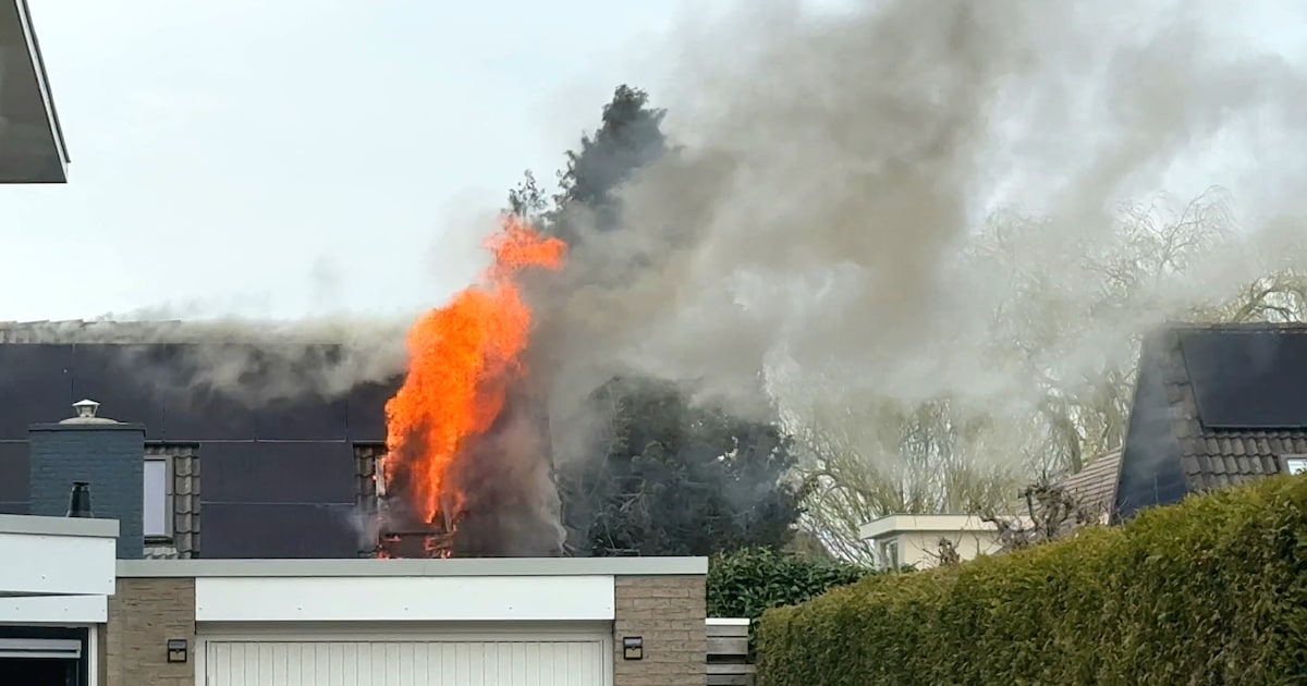 Hoge vlammen uit dakraam van woning in Hoogeveen